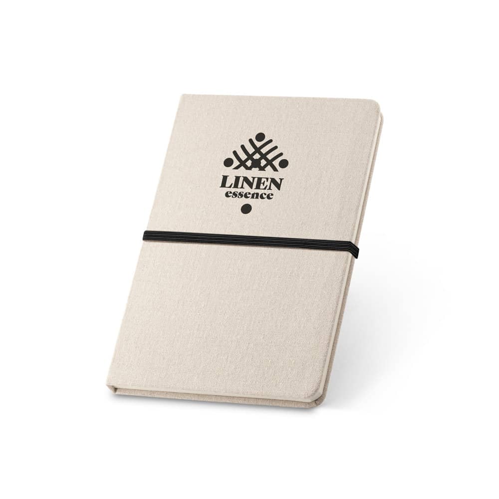 Caderno A5 de capa dura em linho (230 g/m²), com páginas pautadas