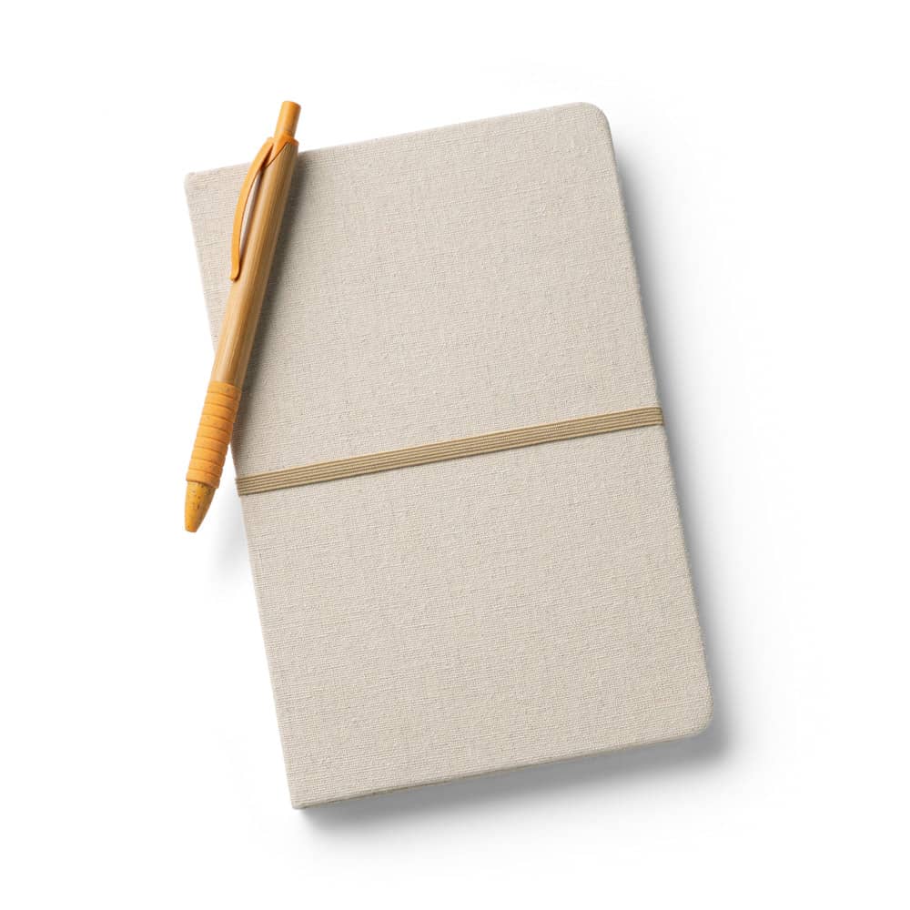 Caderno A5 de capa dura em linho (230 g/m²), com páginas pautadas