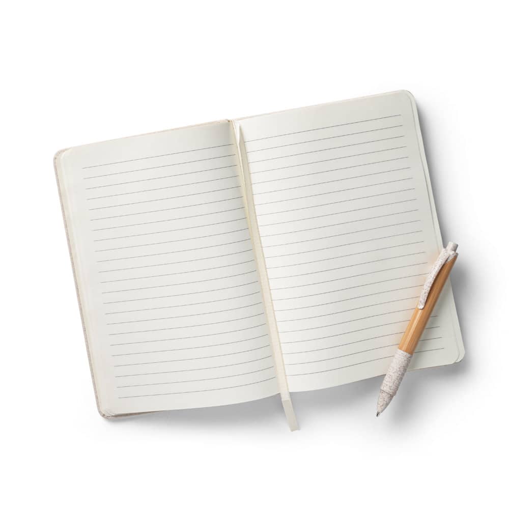 Caderno A5 de capa dura em linho (230 g/m²), com páginas pautadas