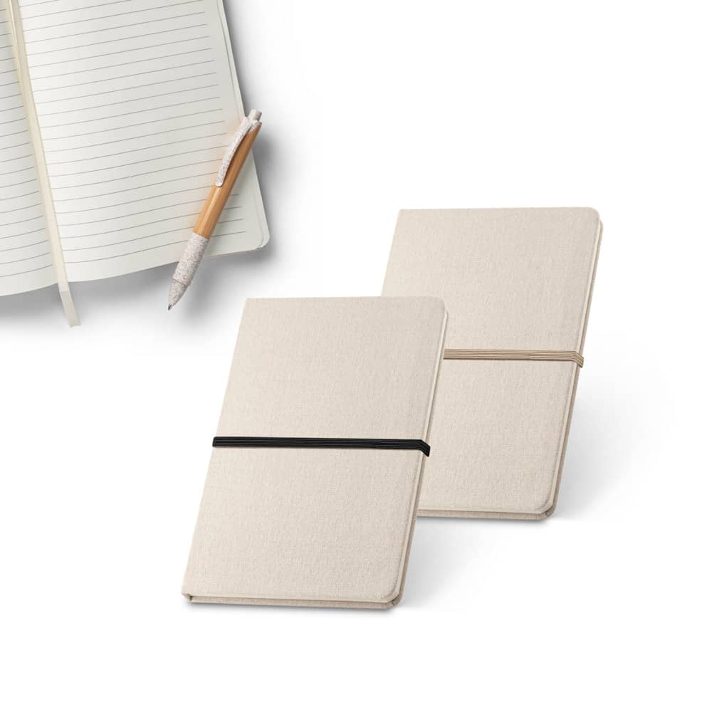 Caderno A5 de capa dura em linho (230 g/m²), com páginas pautadas