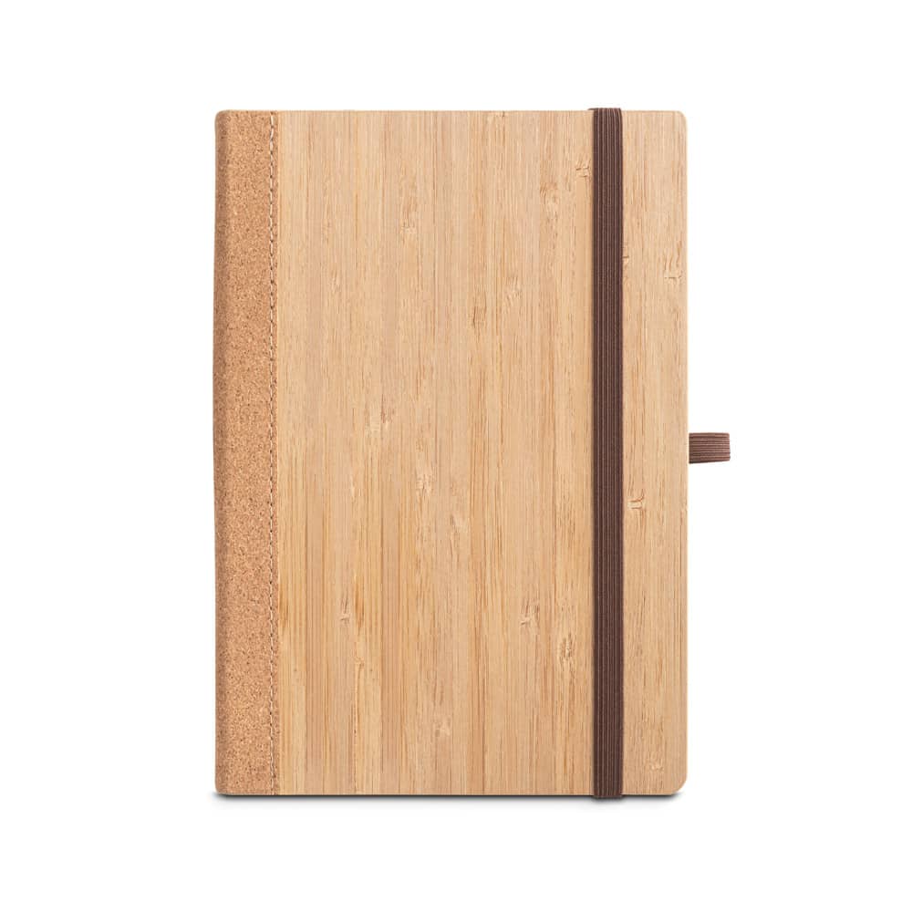 Caderno A5 de capa dura em folha de bambu e cortiça, com páginas pautadas