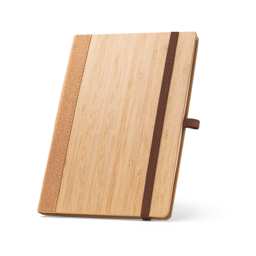 Caderno A5 de capa dura em folha de bambu e cortiça, com páginas pautadas