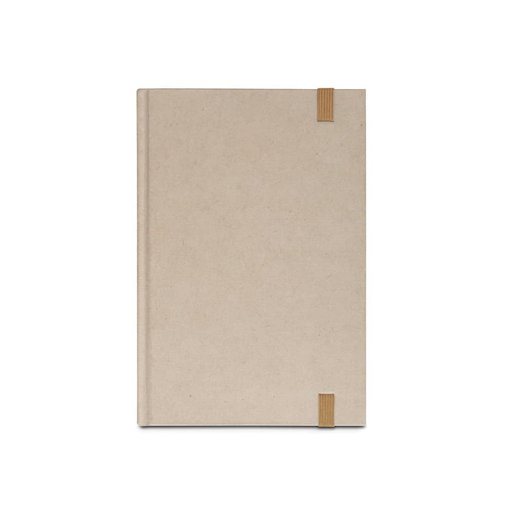 Caderno A5 de capa dura em papel à base de cana-de-açúcar (80% polpa da cana-de-açúcar) com páginas pautadas
