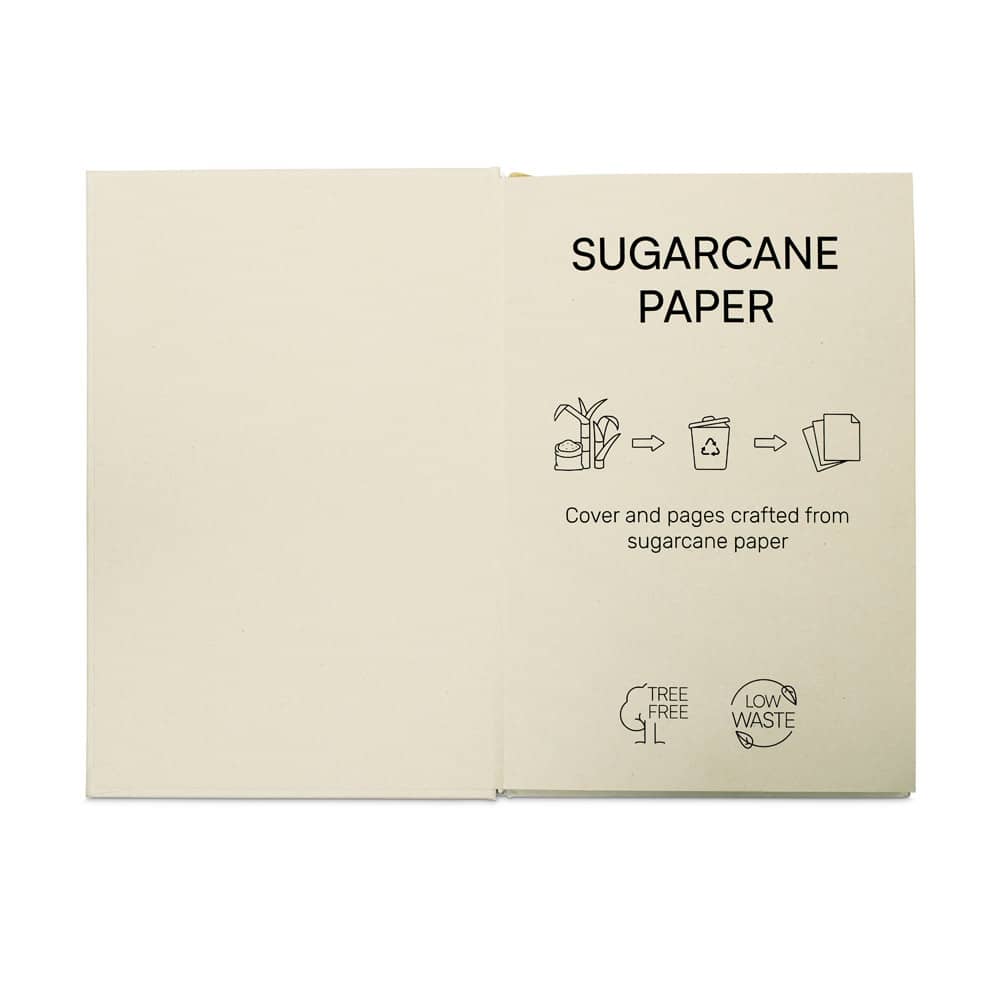 Caderno A5 de capa dura em papel à base de cana-de-açúcar (80% polpa da cana-de-açúcar) com páginas pautadas