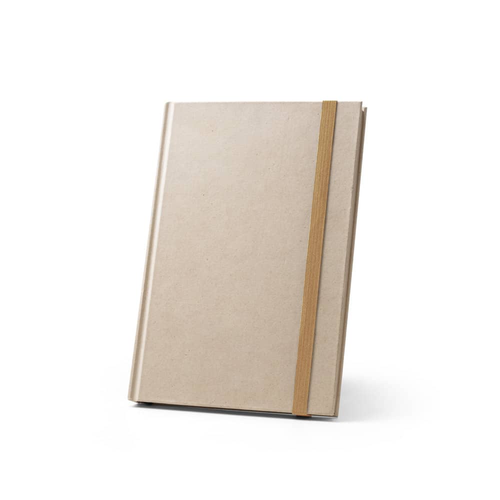 Caderno A5 de capa dura em papel à base de cana-de-açúcar (80% polpa da cana-de-açúcar) com páginas pautadas
