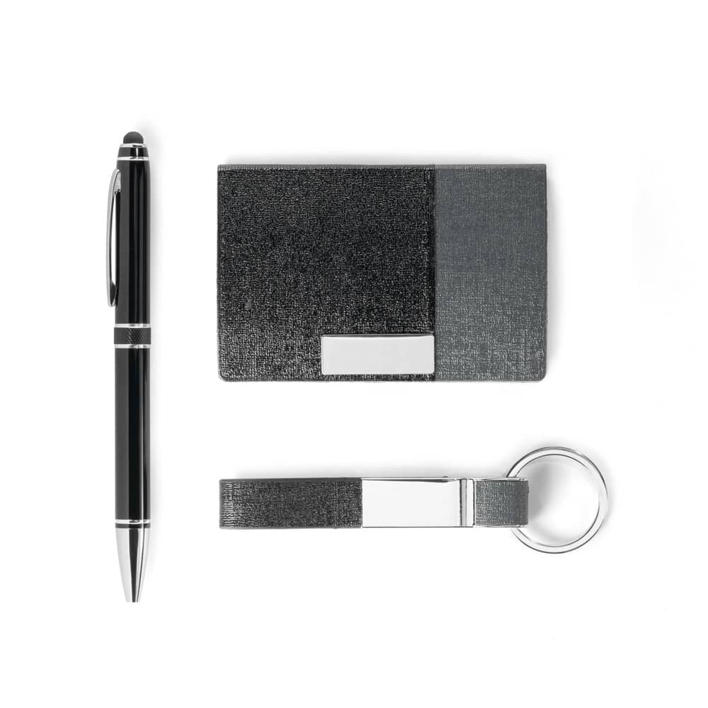 Kit de porta cartões, chaveiro e caneta esferográfica em c