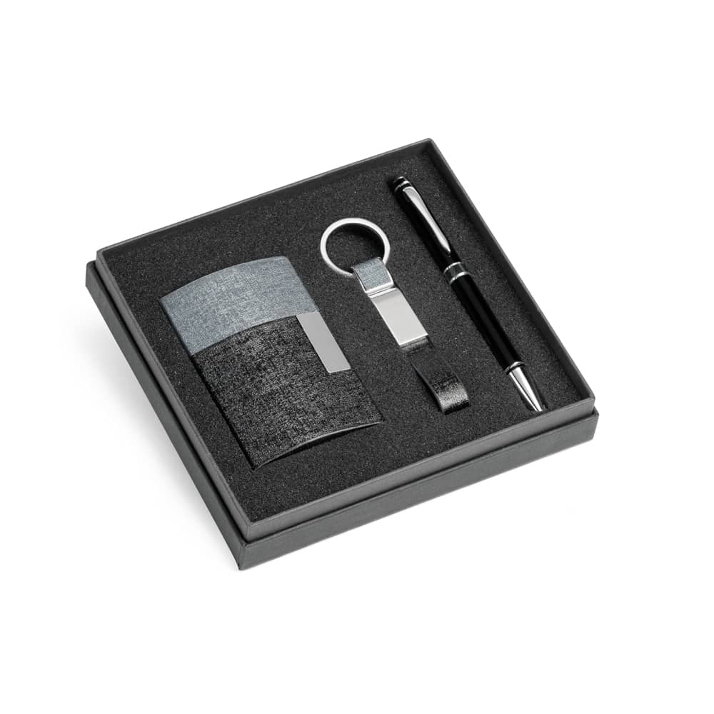 Kit de porta cartões, chaveiro e caneta esferográfica em c