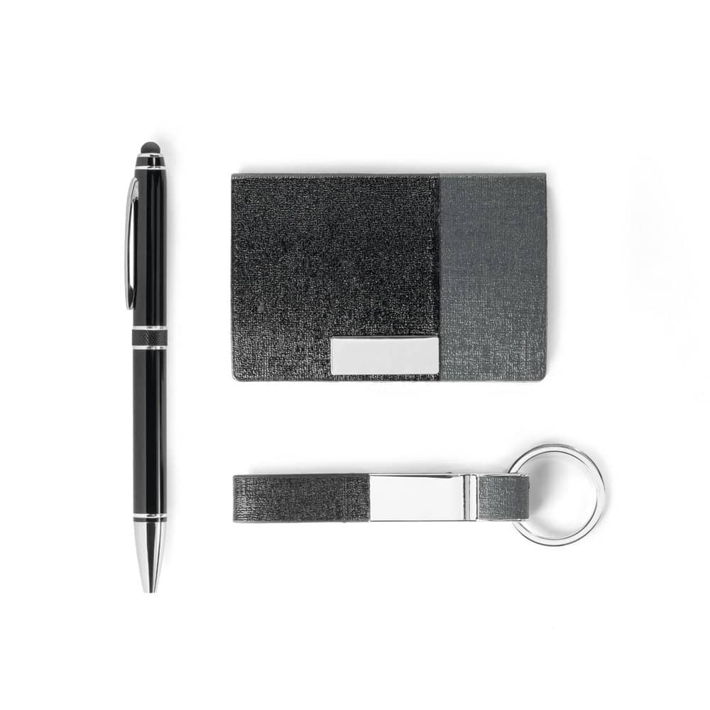 Kit de porta cartões, chaveiro e caneta esferográfica em c