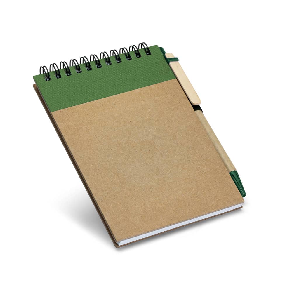 Caderno de bolso espiral de capa dura, com páginas lisas recicladas