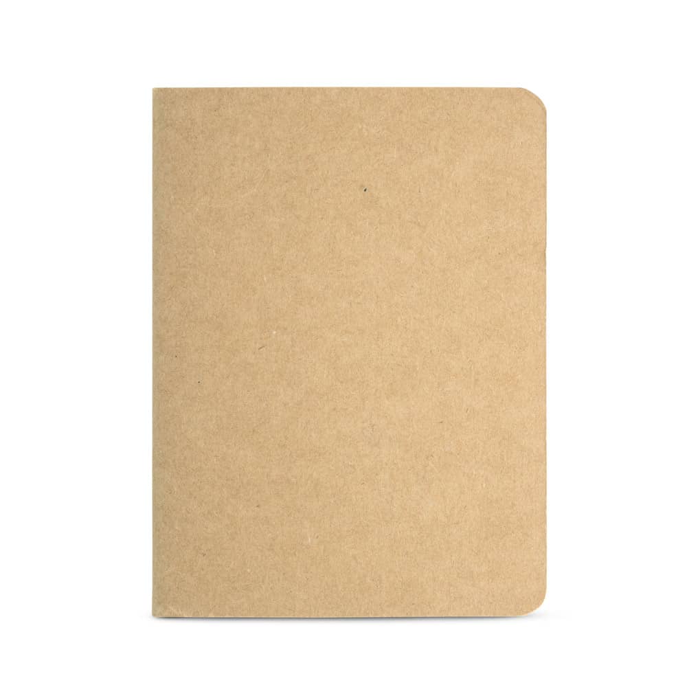 Caderno B7 de capa flexível em cartão kraft 100% reciclado, com páginas lisas recicladas
