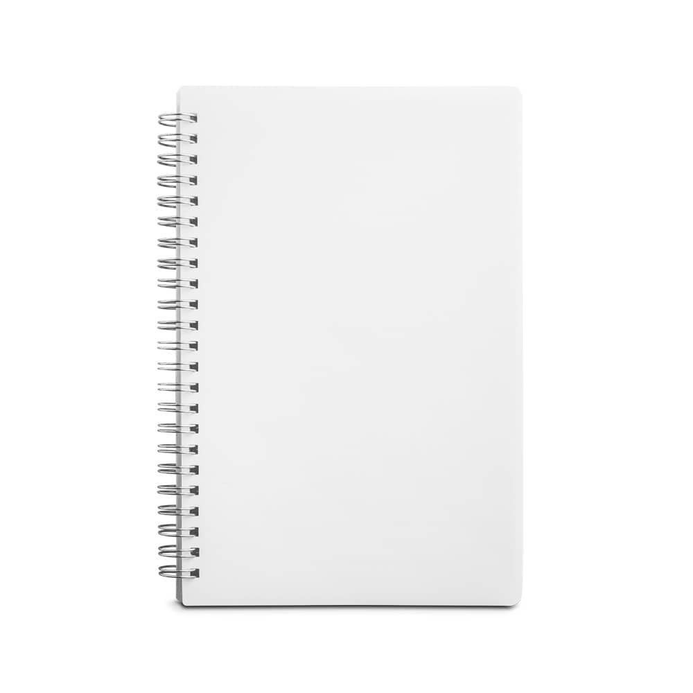 Caderno A5 de capa flexível em PP, com tratamento antibacteriano e páginas pautadas recicladas