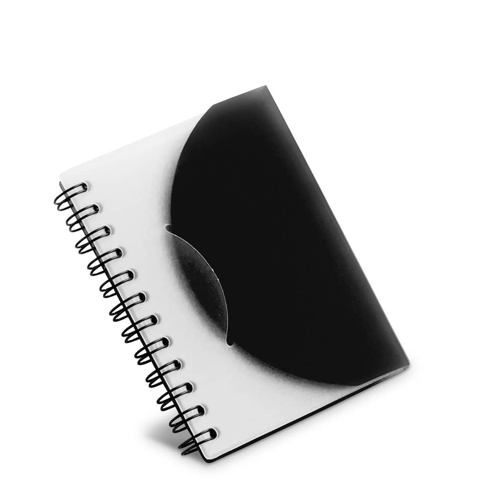 Caderno A7 espiral de capa semi-rígida em PP, com folhas lisas
