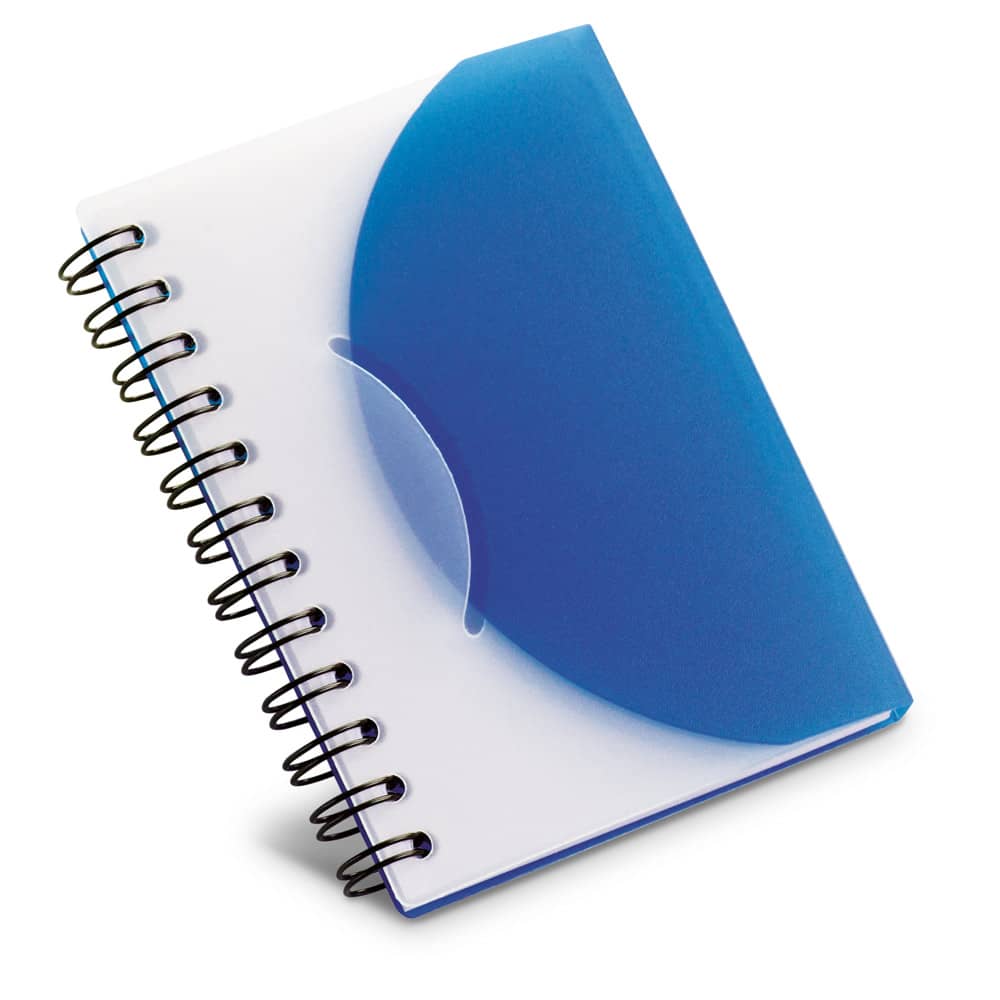 Caderno A7 espiral de capa semi-rígida em PP, com folhas lisas