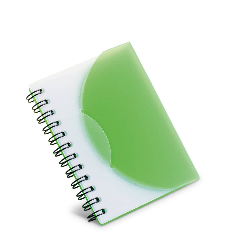 Caderno A7 espiral de capa semi-rígida em PP, com folhas lisas