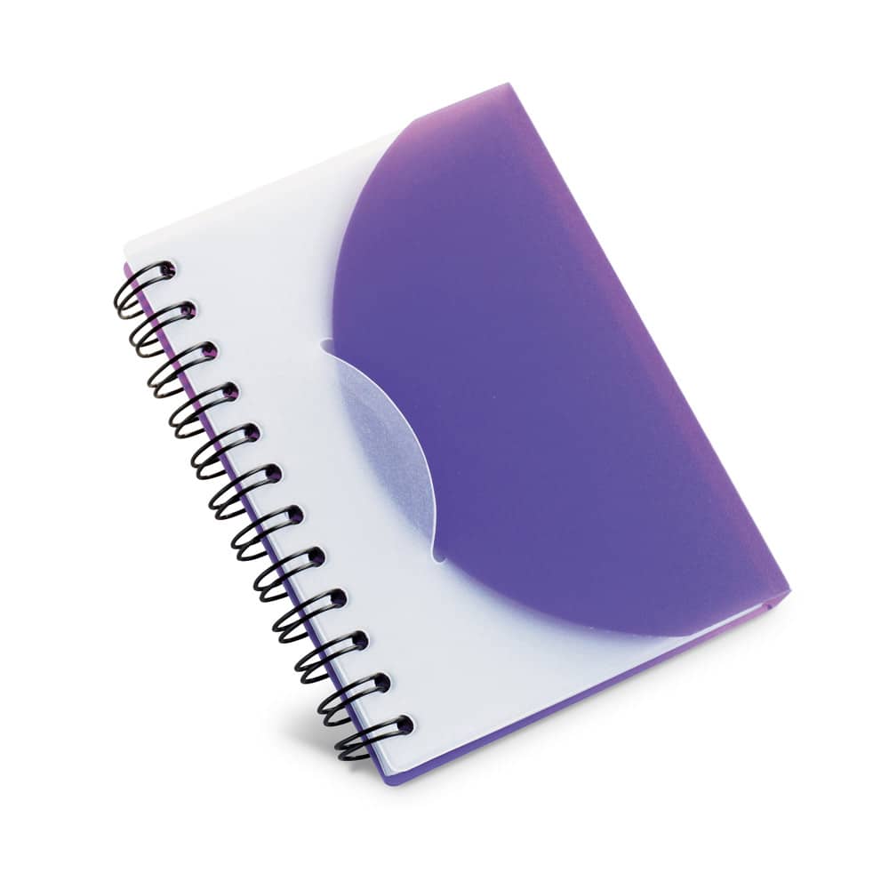 Caderno A7 espiral de capa semi-rígida em PP, com folhas lisas
