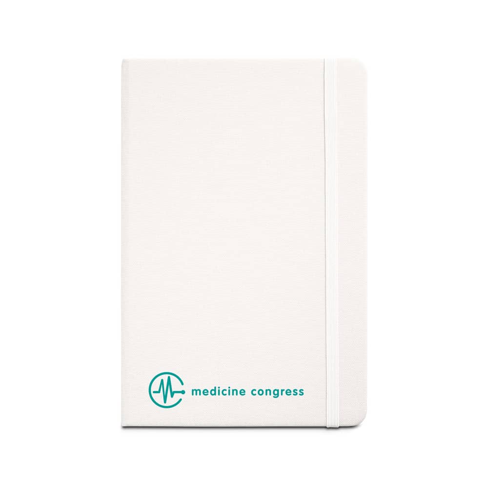Caderno A5 de capa dura em poliéster 100% reciclado, com tratamento antibacteriano e páginas pautadas