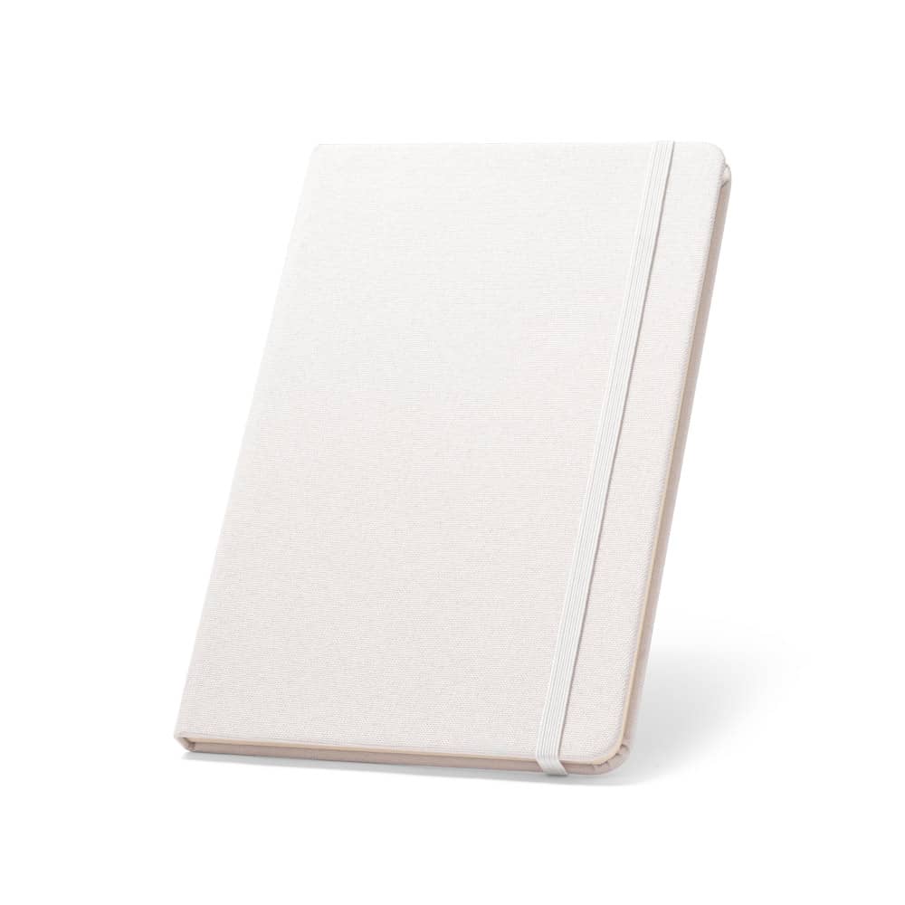 Caderno A5 de capa dura em poliéster 100% reciclado, com tratamento antibacteriano e páginas pautadas