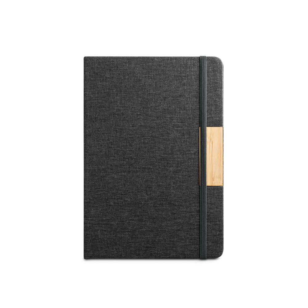 Caderno A5 de capa dura em tecido PET 100% reciclado, com páginas pautadas recicladas