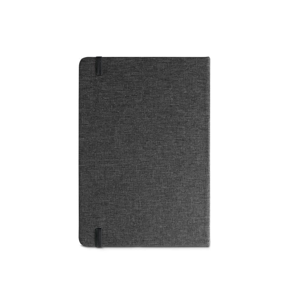 Caderno A5 de capa dura em tecido PET 100% reciclado, com páginas pautadas recicladas