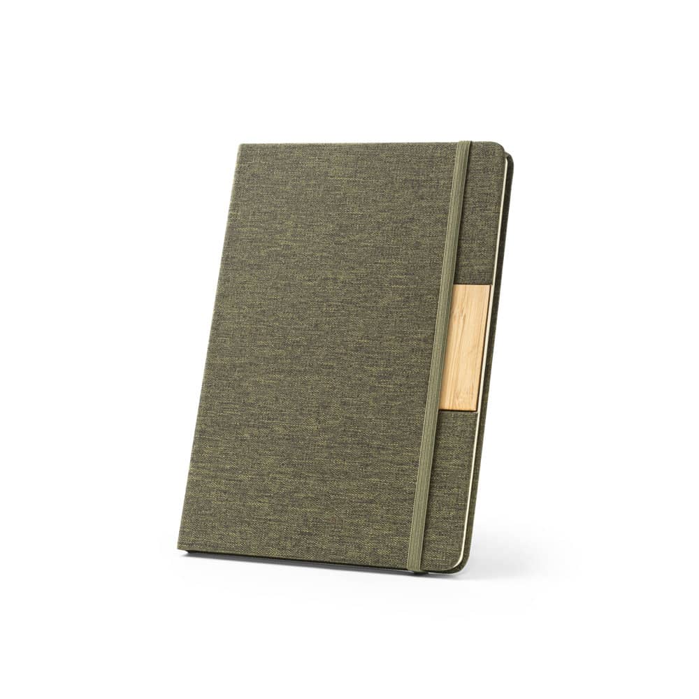 Caderno A5 de capa dura em tecido PET 100% reciclado, com páginas pautadas recicladas