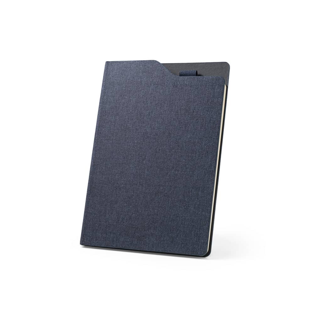 Caderno A5 de capa dura em tecido PET 100% reciclado, com páginas pautadas recicladas