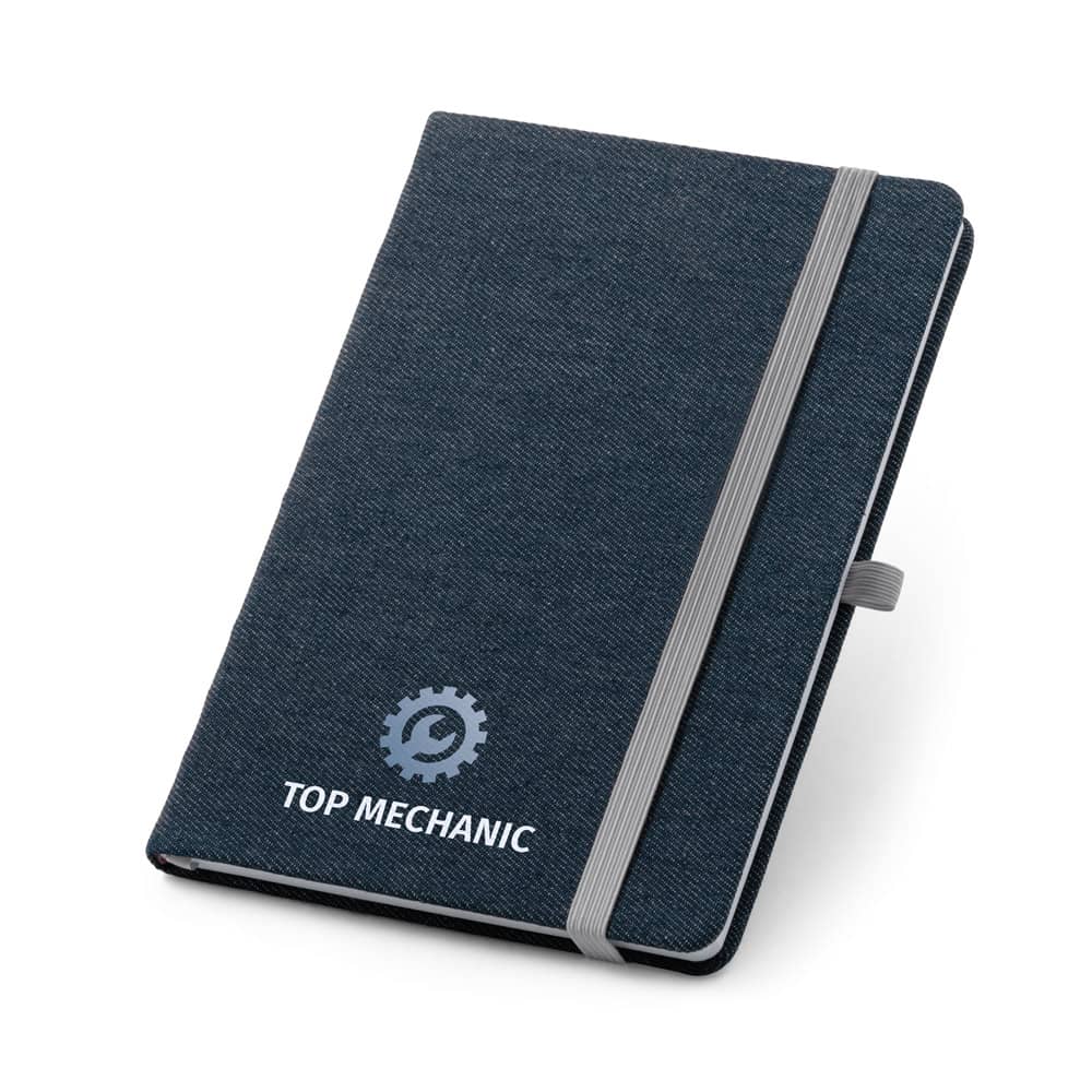 Caderno A5 de capa dura em tecido tipo jeans com páginas pautadas