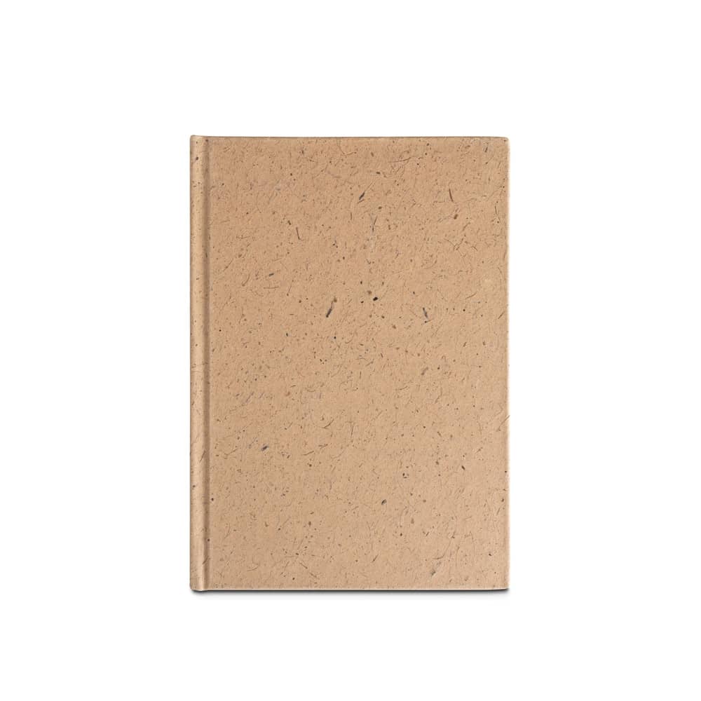 Caderno A5 em casca de coco (60%) e trapos de algodão (40%), com 160 páginas pautadas recicladas
