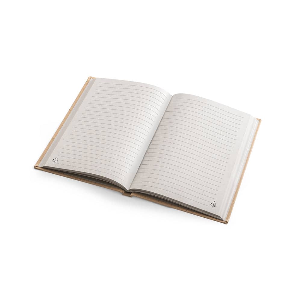 Caderno A5 em casca de coco (60%) e trapos de algodão (40%), com 160 páginas pautadas recicladas