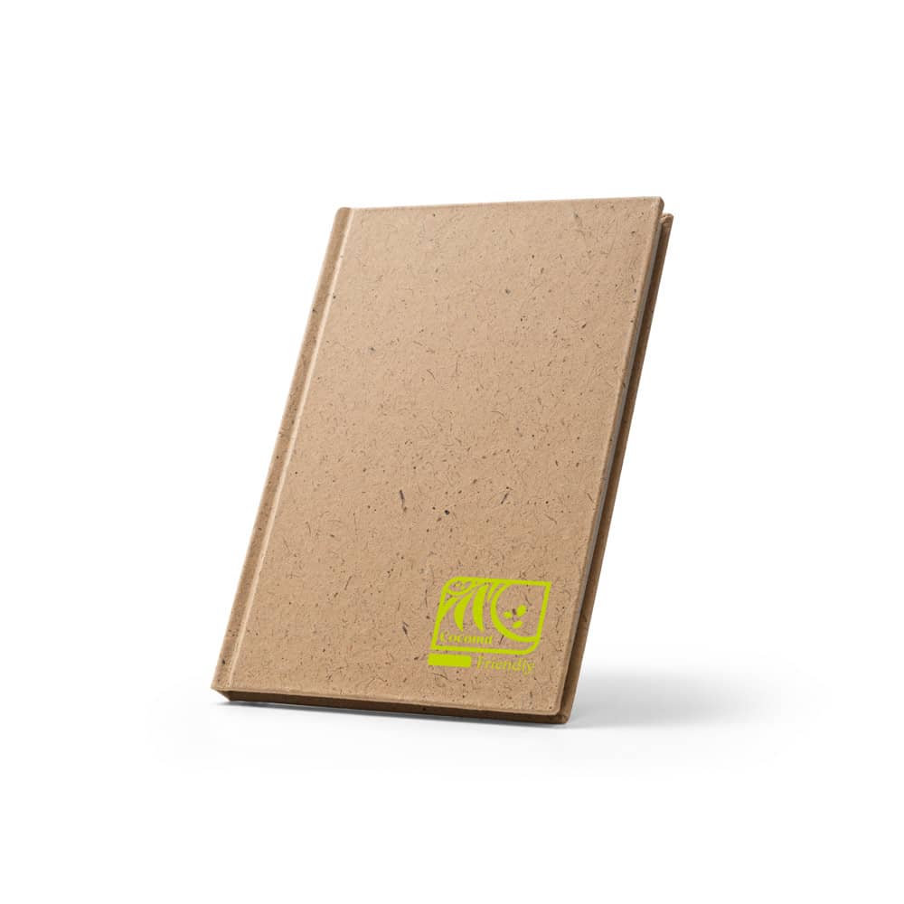 Caderno A5 em casca de coco (60%) e trapos de algodão (40%), com 160 páginas pautadas recicladas