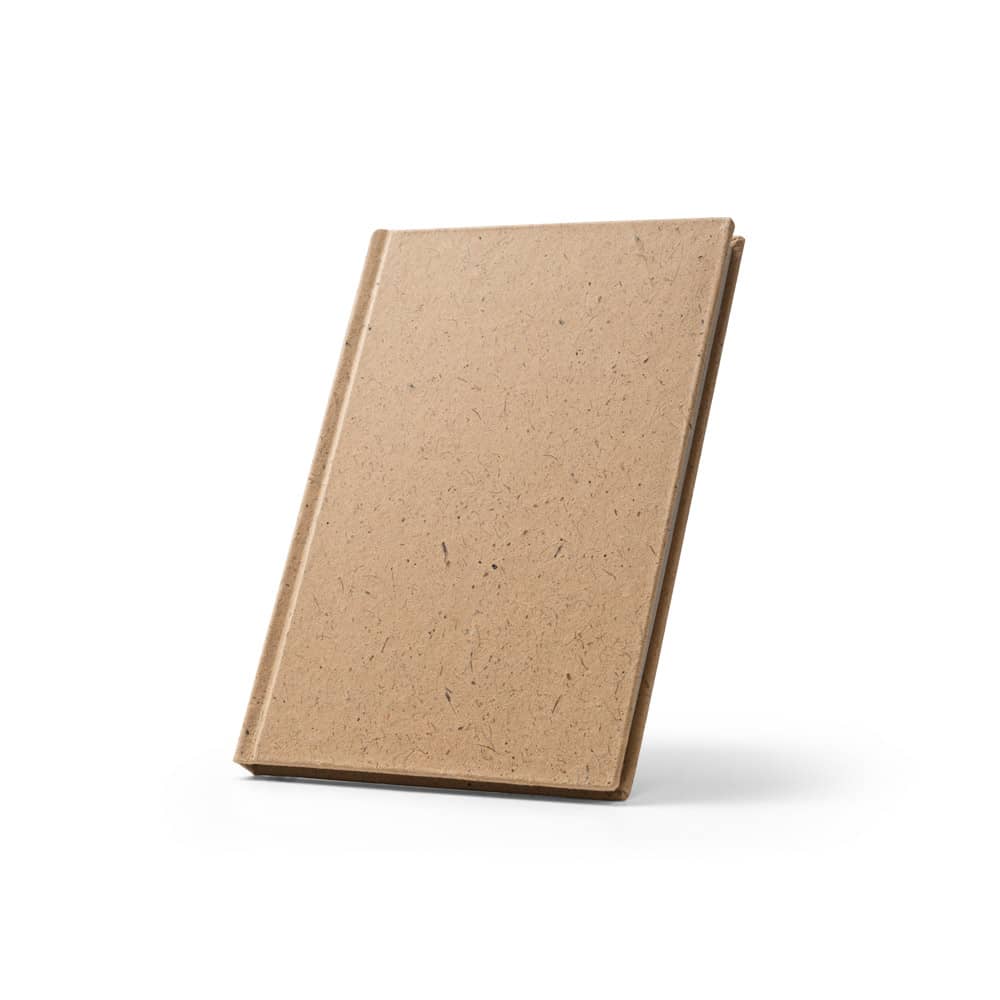 Caderno A5 em casca de coco (60%) e trapos de algodão (40%), com 160 páginas pautadas recicladas