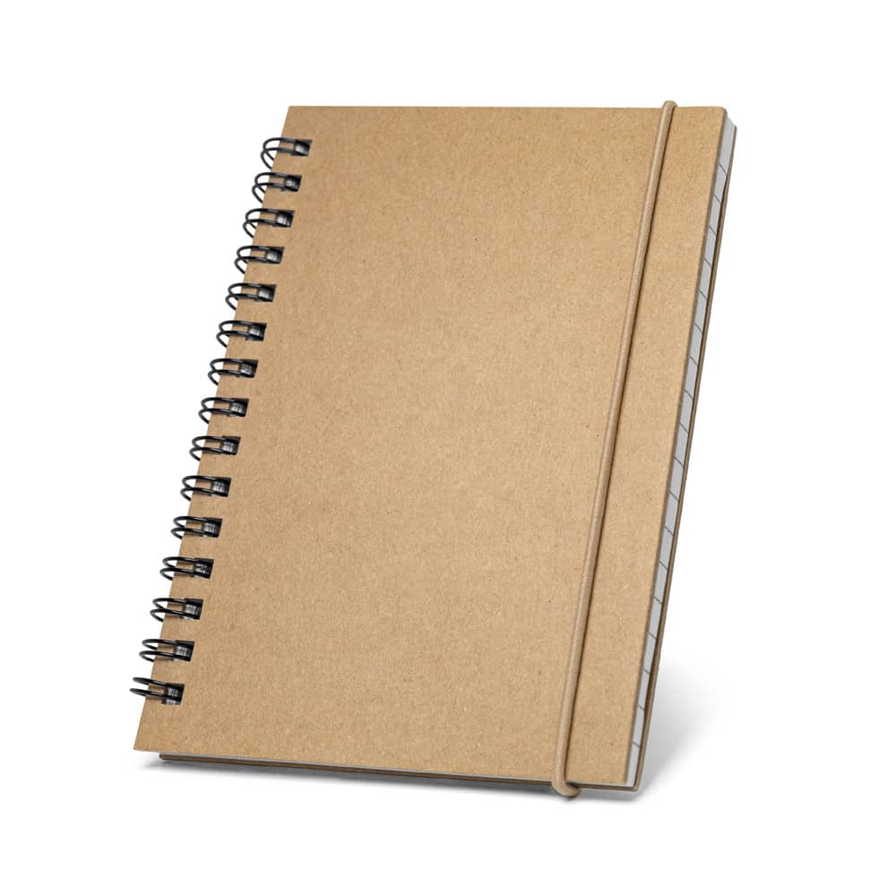 Caderno de bolso espiral de capa dura em cartão, com páginas pautadas recicladas