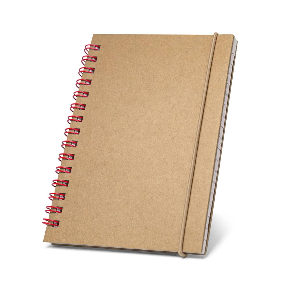 Caderno de bolso espiral de capa dura em cartão, com páginas pautadas recicladas
