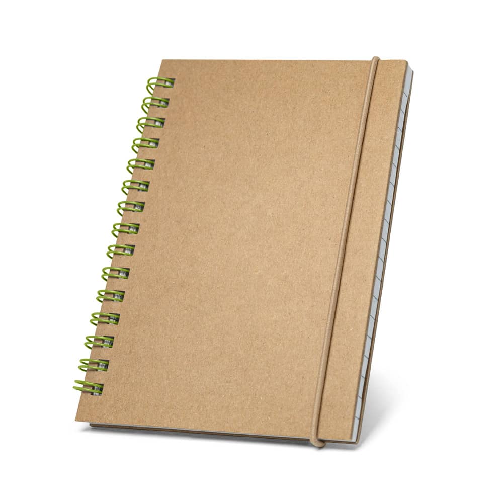 Caderno de bolso espiral de capa dura em cartão, com páginas pautadas recicladas