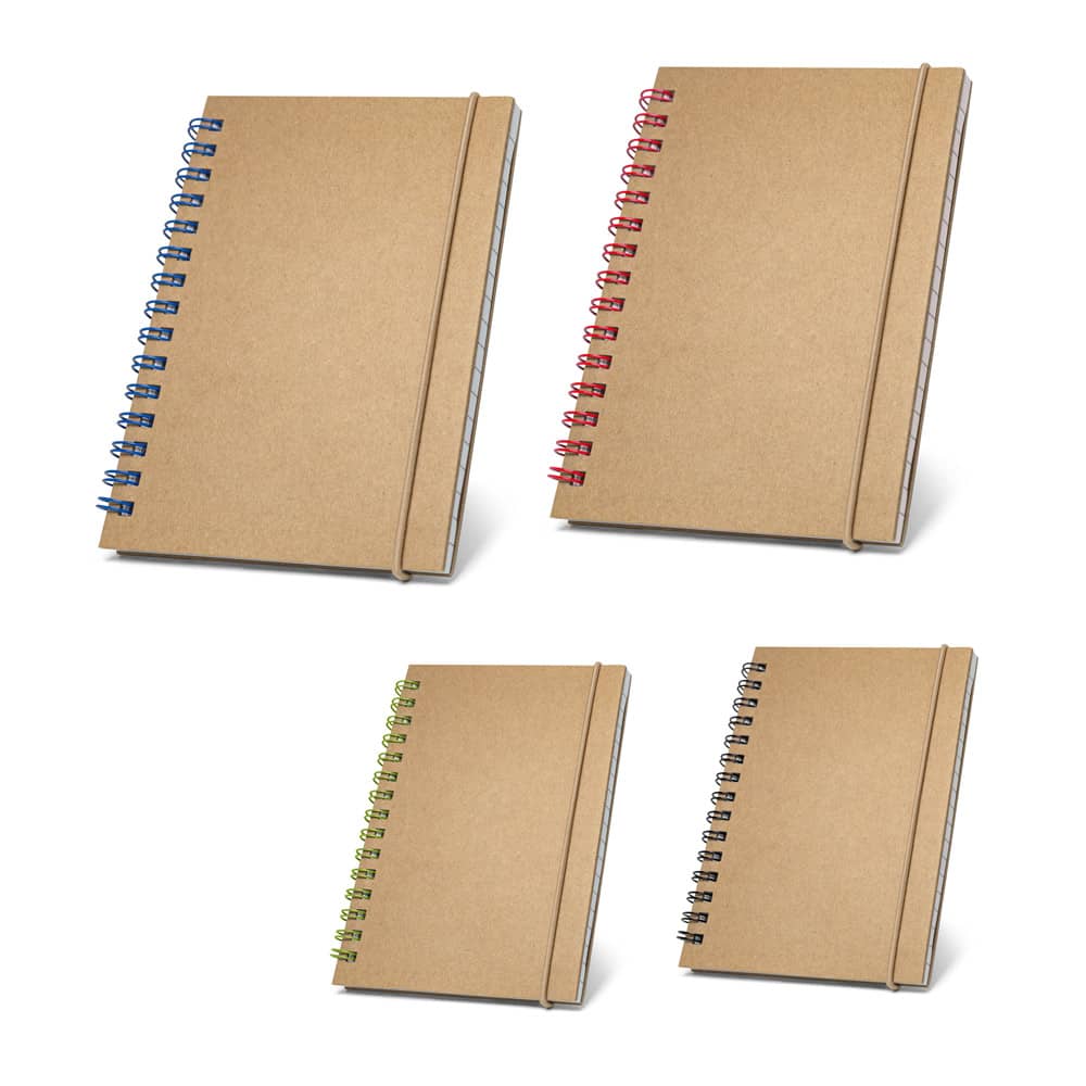 Caderno de bolso espiral de capa dura em cartão, com páginas pautadas recicladas
