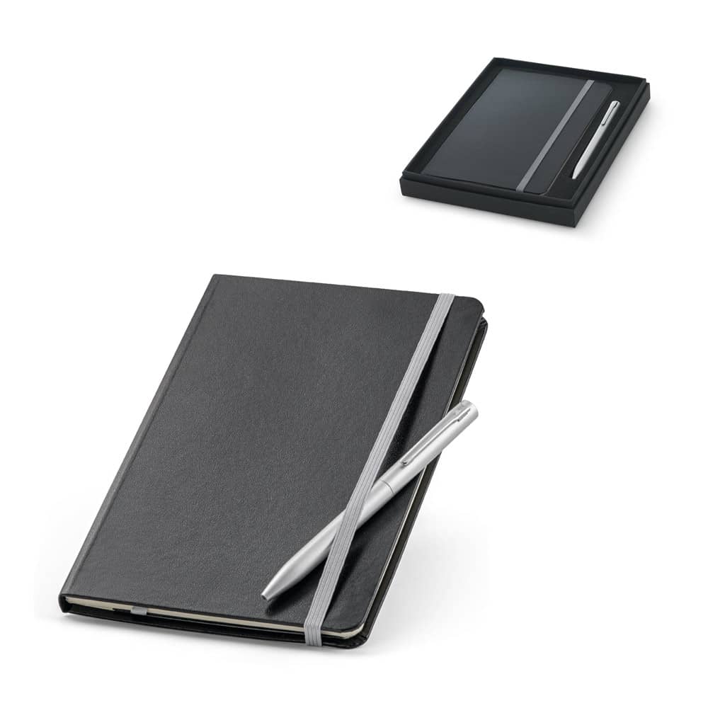 Conjunto composto por 1 caderno e 1 caneta esferográfica