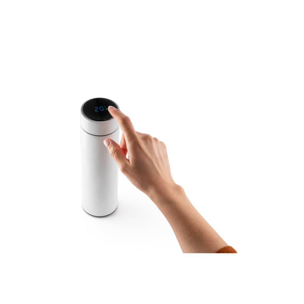 Garrafa térmica em aço inox de parede dupla isolada a vácuo, com termômetro digital (450 mL)