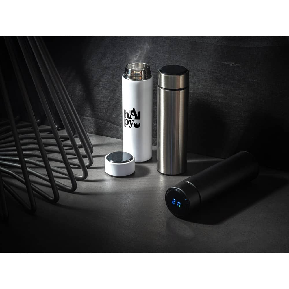 Garrafa térmica em aço inox de parede dupla isolada a vácuo, com termômetro digital (450 mL)