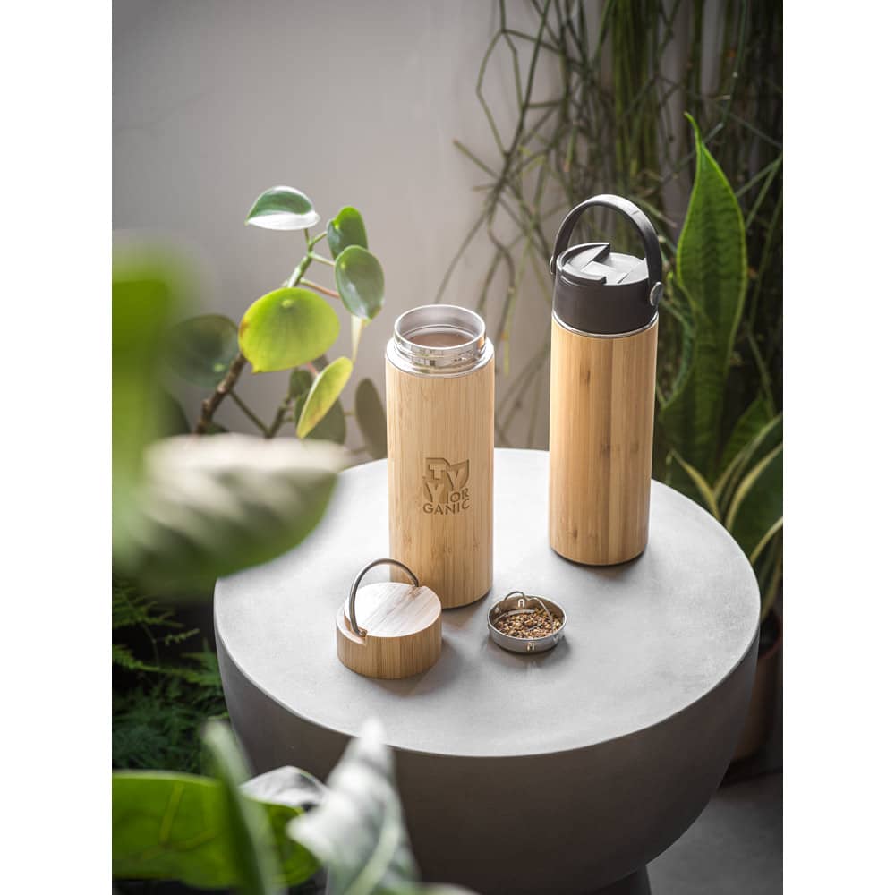 Garrafa térmica em aço inox e bambu, de parede dupla isolada a vácuo (440 mL)