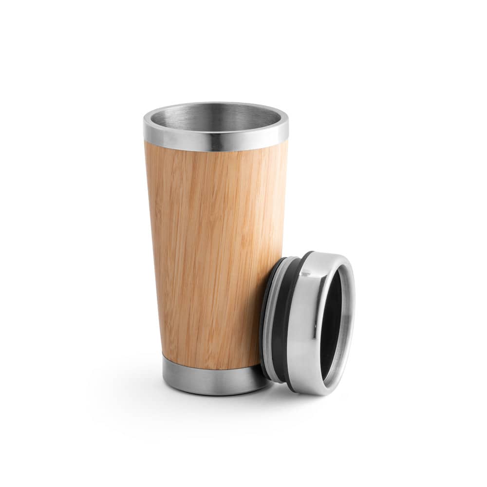 Copo de viagem térmico em aço inox e bambu, de parede dupla isolada a ar (500 mL)