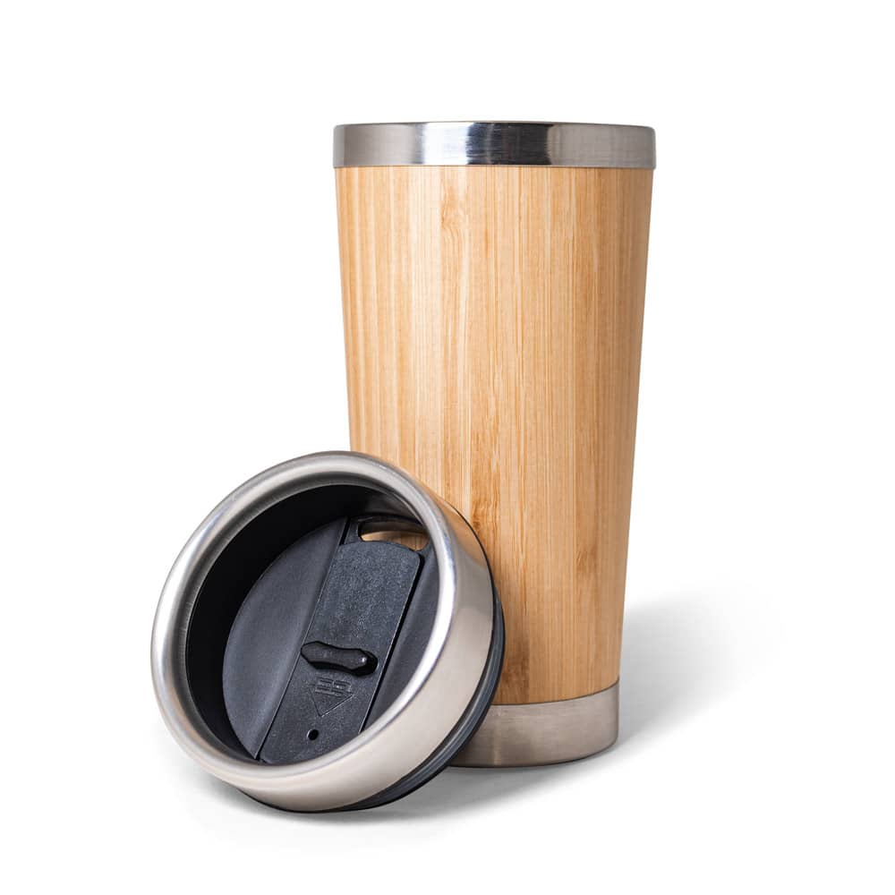 Copo de viagem térmico em aço inox e bambu, de parede dupla isolada a ar (500 mL)