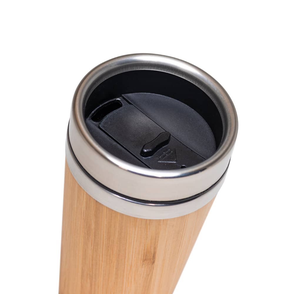 Copo de viagem térmico em aço inox e bambu, de parede dupla isolada a ar (500 mL)