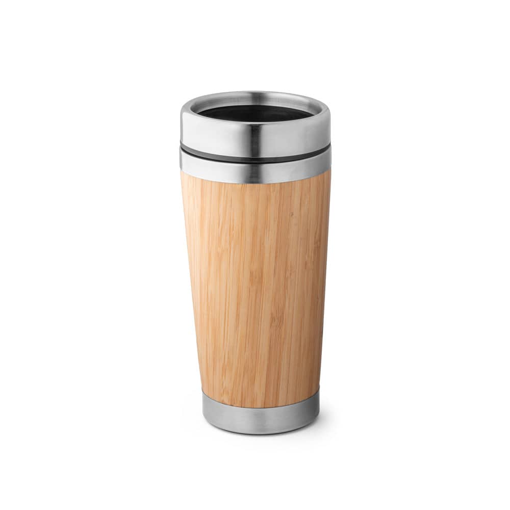 Copo de viagem térmico em aço inox e bambu, de parede dupla isolada a ar (500 mL)
