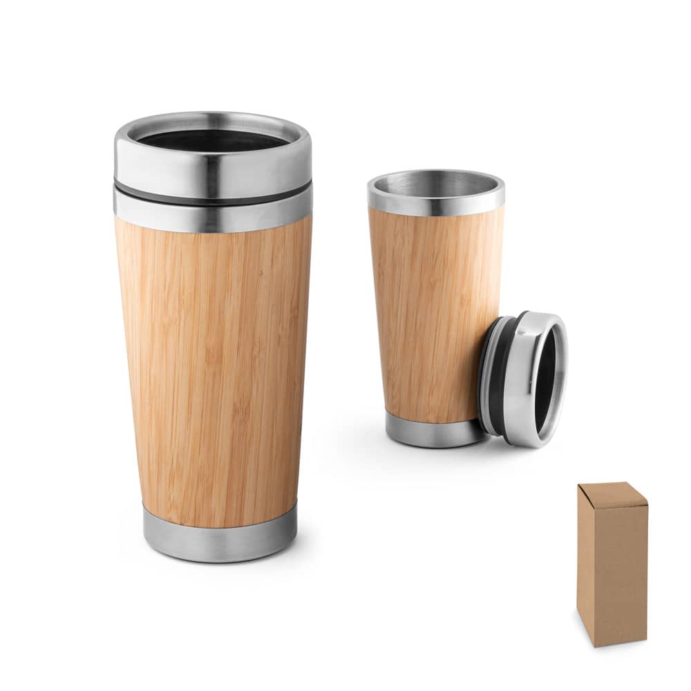 Copo de viagem térmico em aço inox e bambu, de parede dupla isolada a ar (500 mL)