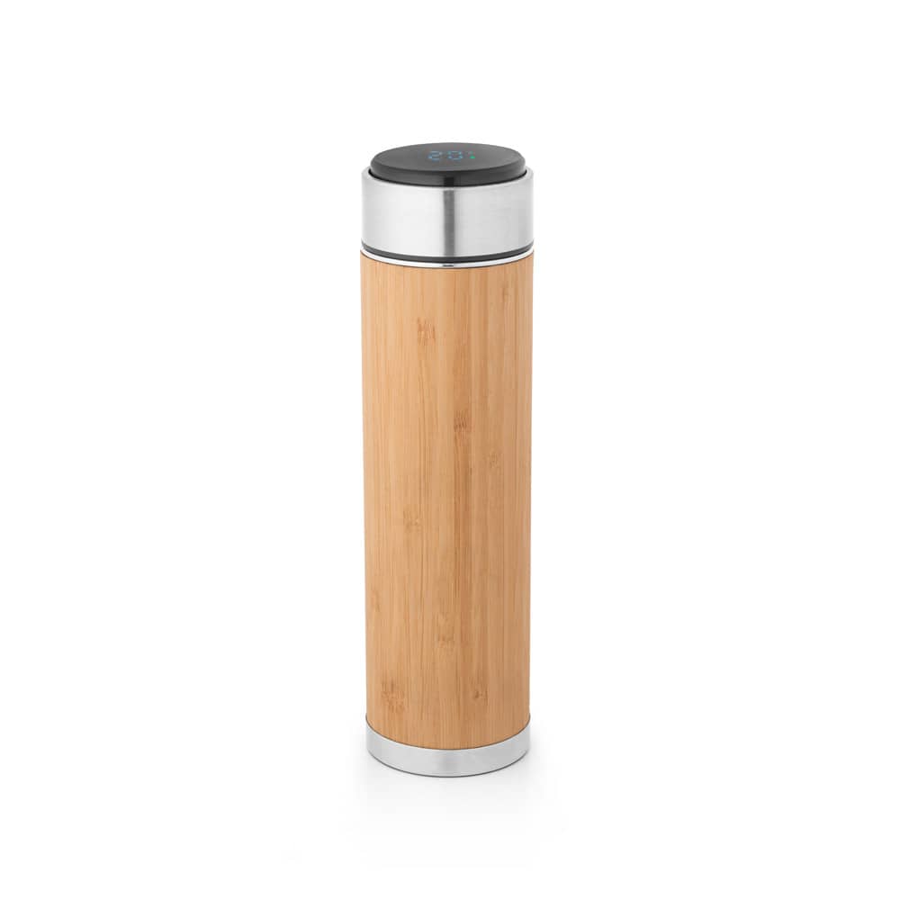 Garrafa térmica em aço inox e bambu, de parede dupla isolada a vácuo, com termómetro digital (430 mL)