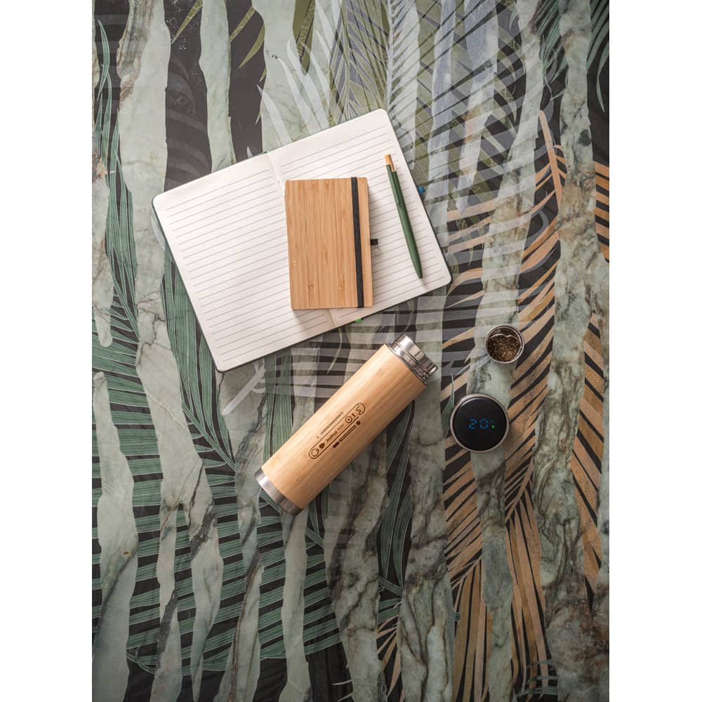 Garrafa térmica em aço inox e bambu, de parede dupla isolada a vácuo, com termómetro digital (430 mL)