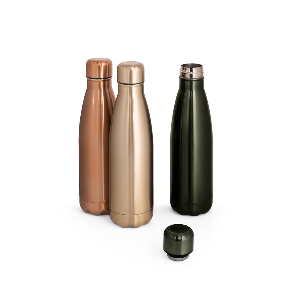 Garrafa térmica em aço inox de parede dupla isolada a vácuo, com acabamento metalizado (510 mL)