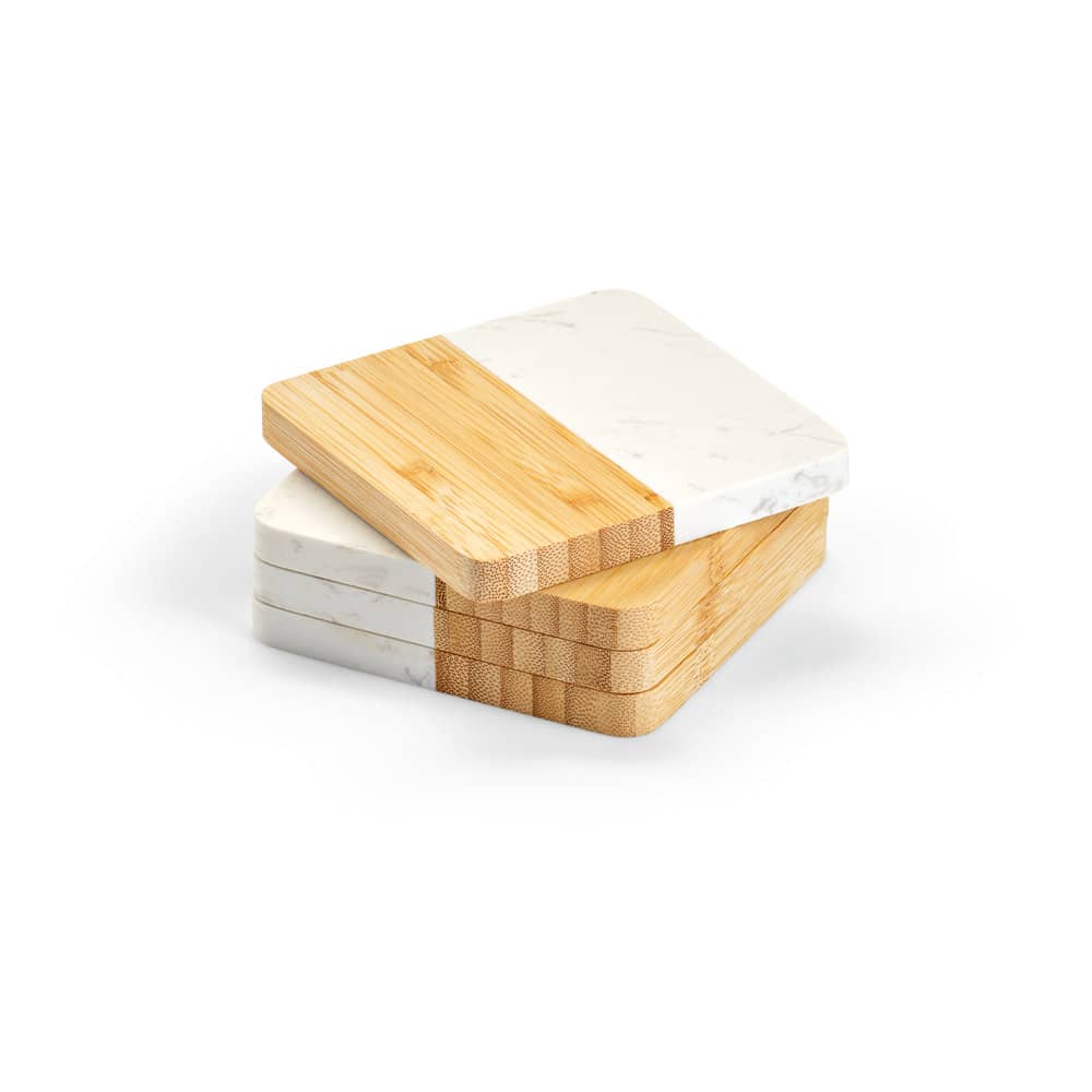 Conjunto de 4 porta copos em mármore e bambu em formato quadrado