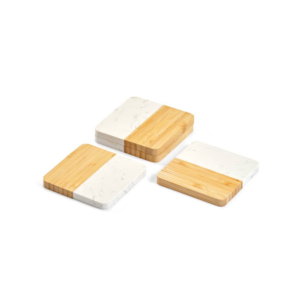 Conjunto de 4 porta copos em mármore e bambu em formato quadrado