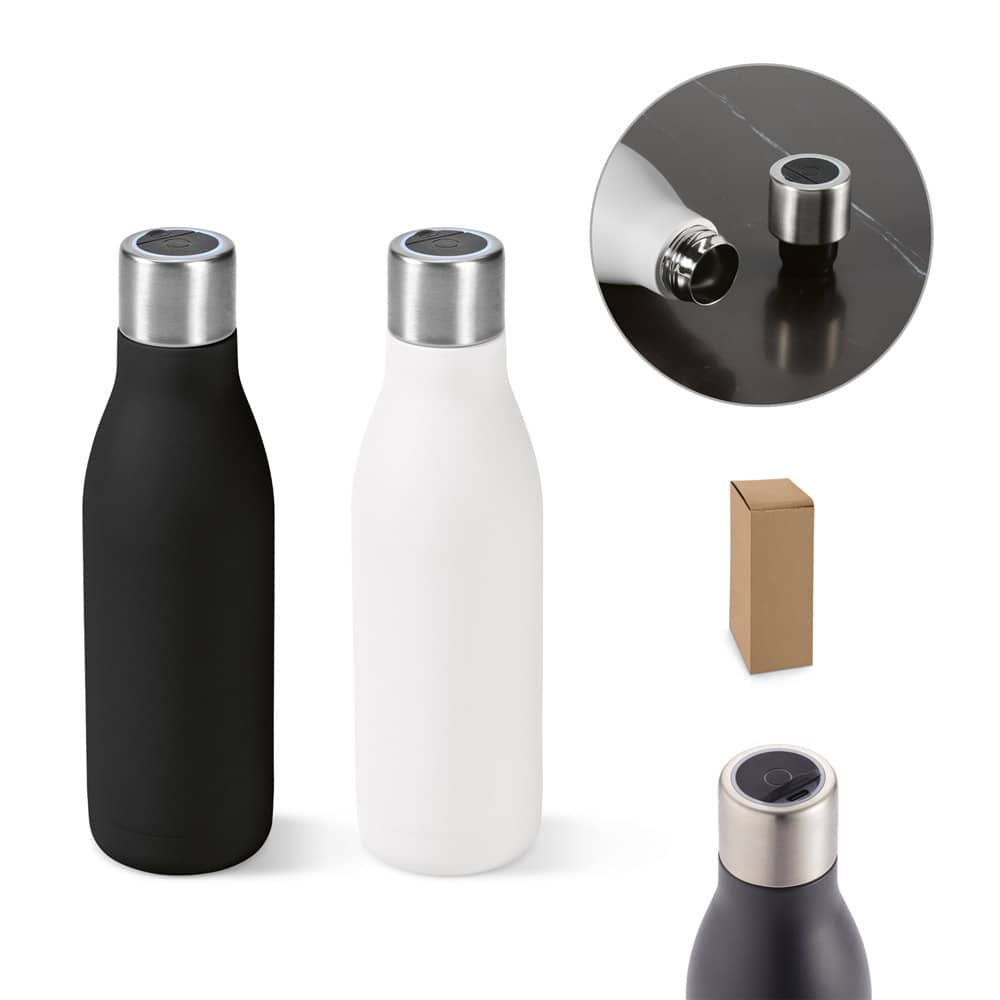 Garrafa térmica em aço inox 90% reciclado de parede dupla com sistema de auto-sanitização UV (500 mL)