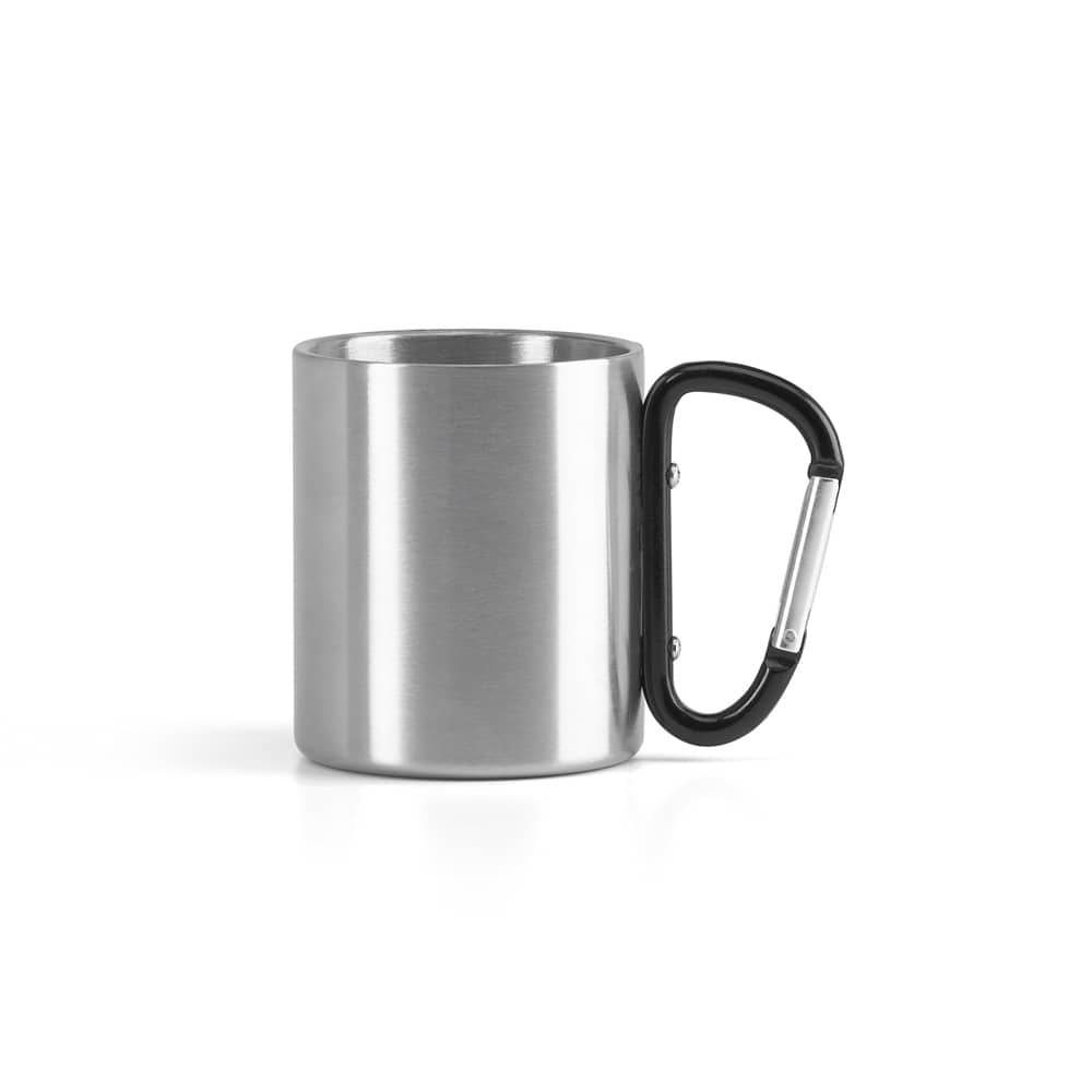 Caneca em aço inox, com pega em forma e função de mosquetão (230 mL)